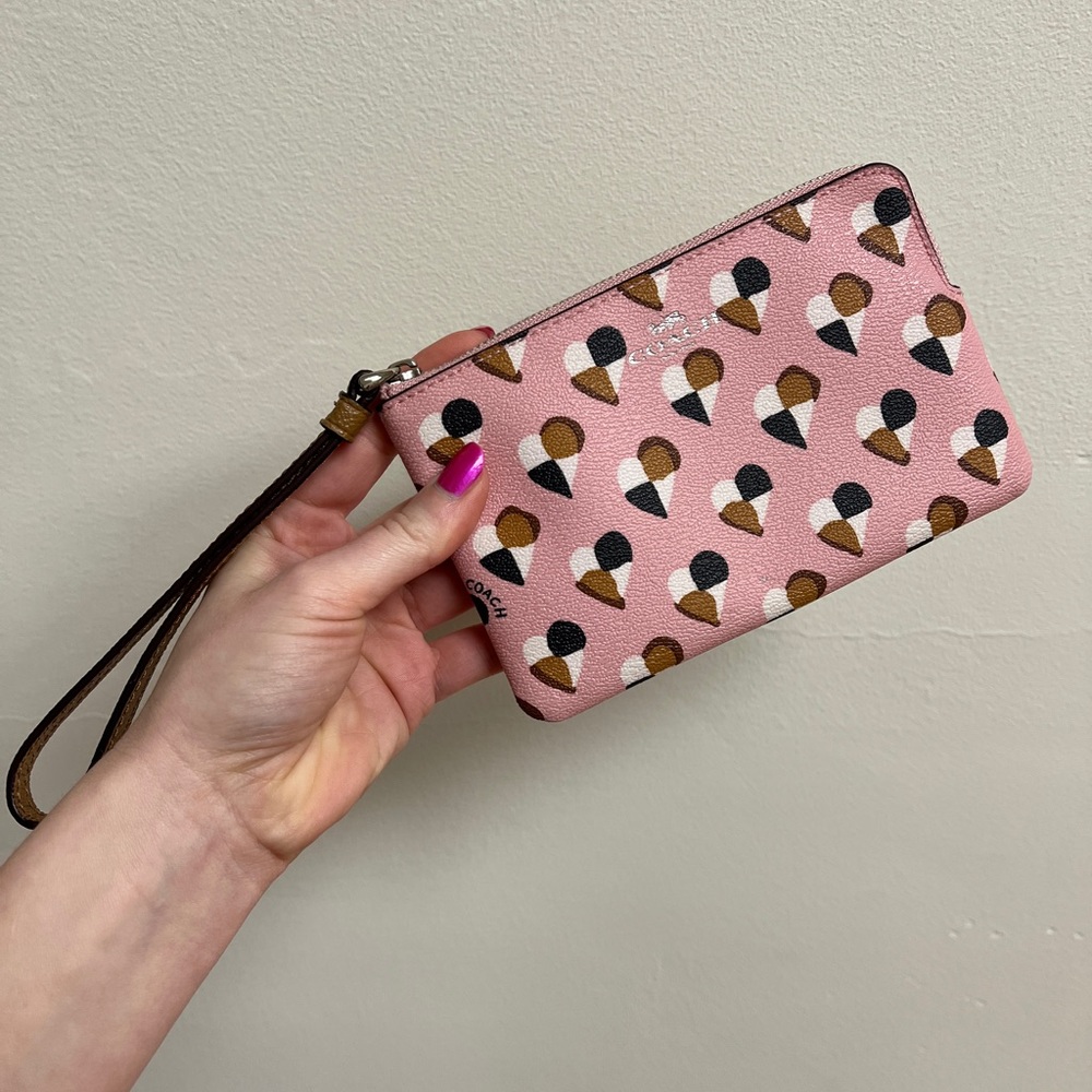 Coach Pink Heart Print Wristlet wallet